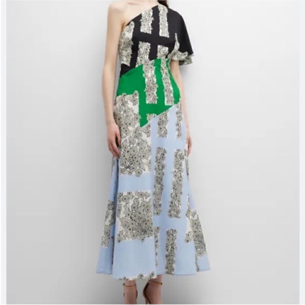 One-Shoulder Patchwork Maxi Dress in Black, Green & Light Blue